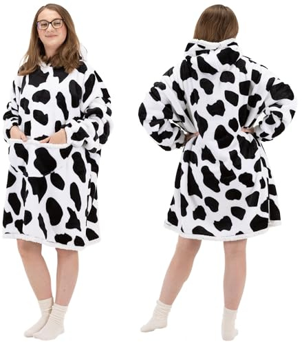 SPRINGOS Oversize Hoodie Decke Damen Kuh Muster Plüsch Pullover mit Kapuze & Kängurutasche Kuschelige Wearable Blanket für Winter & Zuhause, Warm & Flauschig Loungewear Geschenkidee