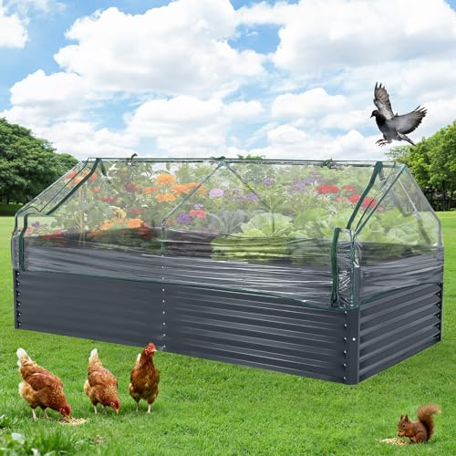 Hochbeet Metall mit Vogelschutznetz, Robuster Pflanzkasten Blumenkasten Kit Wetterfester Pflanzkasten aus Verzinktem Stahl, Vielseitig für Gemüse, Blumen & Kräuter, Einfache Montage