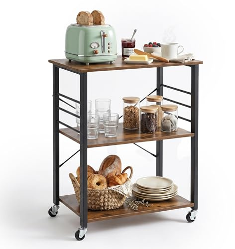 Relaxdays Küchenwagen, 3 Ebenen, mit 6 Haken, Metall, Rollwagen Küche, Haushalt & Büro, HBT: 89x60x40 cm, braun-schwarz