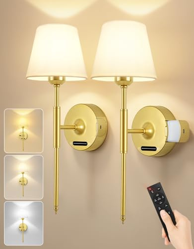 OUTON Applique da Parete Interno Nera, 2 Pezzi Lampada da Parete Senza Fili | Ricaricabile 8000mAh, E27 300LM, Telecomando, 3 Temperature Colore, Dimmerabile, Paralume Tessuto, Camera da Letto, Dorato
