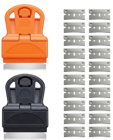 2 Window Scrapers with 20 Replacement Blades for Glass, Ovens and Hobs | Scratch-free tool removes stickers, labels, wallpaper and adhesive residue from windows, ceramic hobs and oven surfaces.