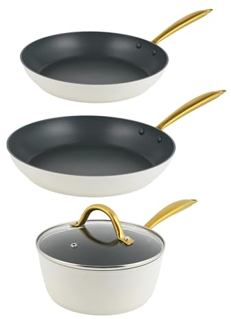 Salter Aerotech 3-Piece Pot & Pan Set – 24/28 cm Frying Pan, 18 cm Saucepan with Glass Lid, 30 x Tougher Non-Stick Coating* Oven Safe, Induction Suitable, Metal Utensil Safe, Forged Aluminium, Cream