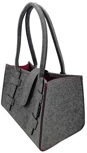 Tebewo Handtasche,Shopping-Bag aus Filz, verschließbare Einkaufs-Tasche mit Henkel, Einkaufskorb, faltbare, vielseitige Tragetasche (Dunkelgrau/Magenta)