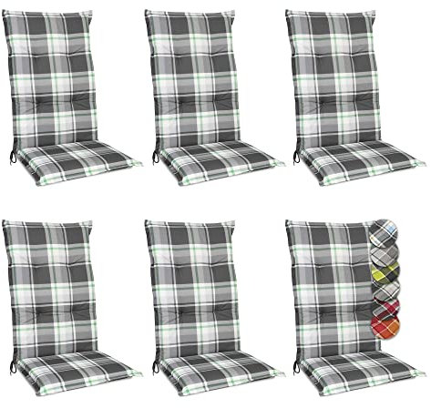Beautissu 6er Set Hochlehner Auflagen Set Gartenstühle 120x50 cm Polster Mintgrün Kariert – 6cm Dicke Polsterauflage Bequem, rutschfest & UV-Lichtecht 5 – Stuhlkissen Sitzauflage – Sunny MK