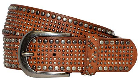 Just -Key Fashion Damen Gürtel - Vintage Gürtel - Teilleder Nietengürtel in 15 Farben - Cognac Länge 85 cm
