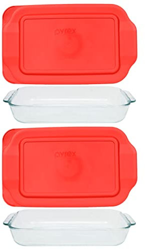 Pyrex Bundle - 4 articoli: (1) 232 2qt Piatto di vetro, (1) 233 3qt Piatto di vetro, (1) 232-PC 2qt coperchio rosso, (1) 233-PC 3qt coperchio rosso