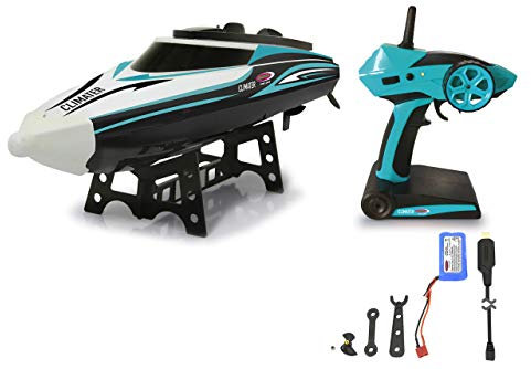 JAMARA Climater Speedboot Li-Ion 7,4V 2,4GHz – 25 Kmh, Schiffsschrauben drehen nur im Wasser, Metall Ruderanlenkung, Antriebswelle, Führungsrohr,per Fernbedienung aufrichten