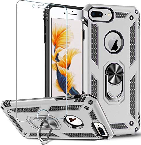 Folmeikat iPhone 8 Plus Case with Screen Protector, 360° Rotating Metal Ring, Reinforced Corners, TPU for iPhone 8 Plus 5.5 (Silver)