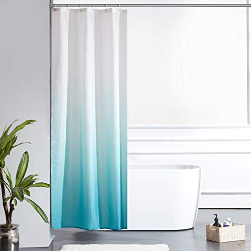 Furlinic Rideau de Douche Anti Moisissure Tissu Lavable en Machine Petit Rideaux Douche pour Camping Car Cabine de Douche Imperméable en Polyester avec 6 Crochets 90x180cm Turquoise Dégradé