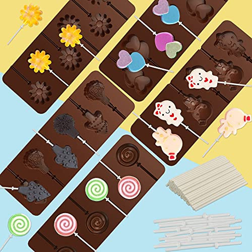 BUZIFU 5 Pcs Moule à Sucette en Silicone Anti-adhésif avec 100 Bâtons Moule à Bonbon 5 Modèles Différents Moule Chocolat 3D sans BPA pour Chocolats Bonbons Glaçons Patisserie Gelée - marron