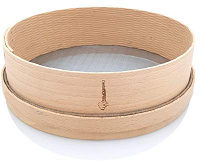 PRIMOLEGNO Certified Solid Wood Sieve | Diameter 27 cm | Fine Mesh Net 1 x 1 mm | Suitable for Sieving Flour Cereals Sugar Polenta Rice Sand | Tension Recording Net