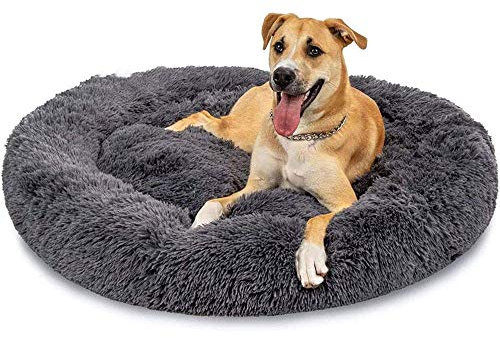 LINRUI XXXL Waschbar Grosse Hunde Hundebett Orthopädisch XL Rund Donut Hundebetten für Mittlere große Hunde Kuscheliges Antistress Hundekissen Oval Rund Kuschelig Hundehöhle XXL Dunkelgrau