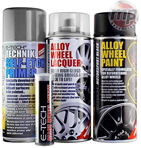 MP Essential E-Tech 4 Step System Alloy Wheel Restore Refurbishment Repaint Pack | Alloy Wheel Primer, Lacquer & Paint with FREE Putty Included (Motorsport Black)