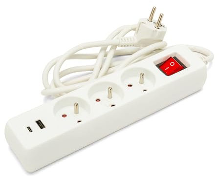 Velamp MULTIP-FR-USB3 3 2P + T et 2 Sorties USB. avec Interrupteur. Multiprise pour Le Bureau ou la Maison. Certifiée NF, Blanc