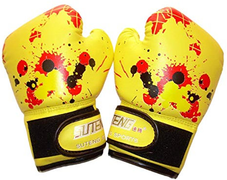 1 Paio di Guanti da Boxe per Bambini, per Bambini 2-11, per Ragazzi e Ragazze, in Poliuretano, per Allenamento con Cartoni Animati, per Kickboxing (Giallo)