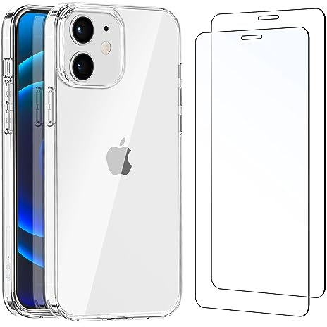 NEW'C Coque pour iPhone 12, 12 Pro Ultra Transparente Silicone en Gel TPU Souple et 2 × Verre trempé Film Protection écran