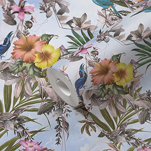 A.S. Création Blumen Tapete Vögel Weiß Grün 381784 Vliestapete Blumenoptik für Wohnzimmer 10,05x0,53m Made in Germany