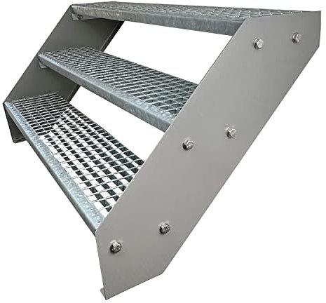 Premium Caillebotis acier Escalier à limon 3 Marches Entièrement galvanisé et Argenté Limons revêtus de poudre - Dimensions (L x l x H) 63cm x 100cm x 57cm