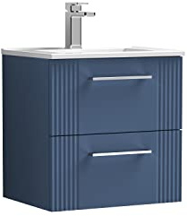 nuie DPF392B Deco Modern Bathroom Wall Hung 2 Drawer Part Fluted Vanity Basin Unit with Minimalist Ceramic Basin, 500mm, Satin Blue