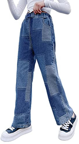ORANDESIGNE Mädchen Jean Hosen Loch Denim Blau Jeans, Vintage Hose mit weitem Bein für Kinder Fit V Blau 10-11 Jahre