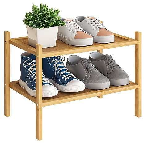 BMOSU Kleines Schuhregal aus Bambus, 2-stöckig, stapelbar, für Flur, Schrank, Wohnzimmer, Eingangsbereich, Organizer (Natur)