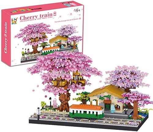 Mini Japanese Cherry Blossom Train Station Building Blocks Set, 3668Pcs Sakura Tree House Collection Building Set for Adults, DIY Mini Particle Construction Toy, Home Decor, NOT Compatible with Lego