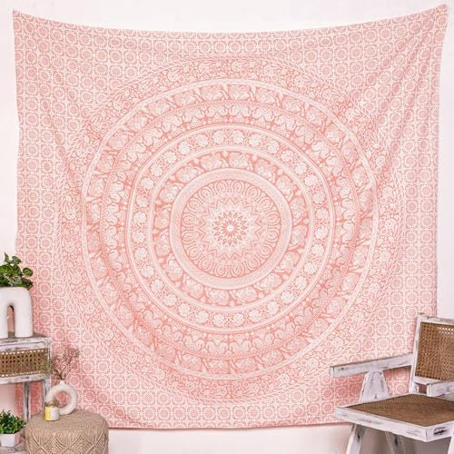 RAJRANG Großer King-Size-Wandteppich Hippie-Wandteppiche aus reiner Baumwolle, Wanddekoration, großer Elefant, dekorative Boho-Raumdekoration Roségold 230 x 274 cm