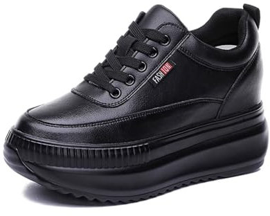 JAOOUU Damen Sneaker mit Keilabsatz Bequeme Turnschuhe mit Wedges aus Leder Modische Plateausohle Innere 9CM Erhöhung Schuhe für Frauen Freizeitschuhe Schwarz 38EU