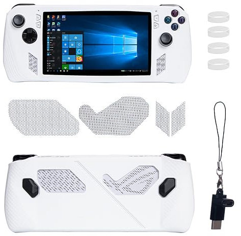 Funda de silicona para ROG Ally, funda protectora para ROG Ally con protectores de pantalla de vidrio templado, red antipolvo, protectores de joystick y adaptador 3.1, color blanco