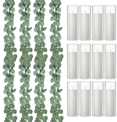 MTLEE 12 Glaszylinder-Blumenvasen Set Glaszylindervasen 12 Stück weiße Stumpenkerzen 4 Stück künstliche Eukalyptusgirlande Grünkranz Reben für Hochzeit Zuhause Tischdekoration Party