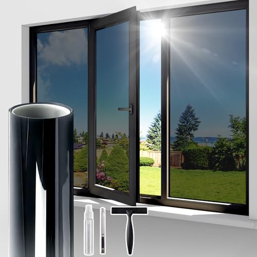 Lifetree One Way Clear Window Film Privacy: Heat Reflective Mirror Window Film for Glass Windows Daytime Anti Glare with Adhesive, UV Window Tint Film Sun Blocker for Home Office (Black, 75 * 200cm)