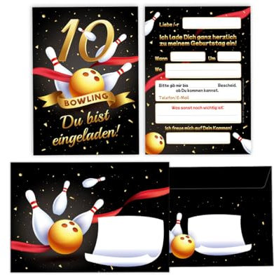 Minkocards 12 Einladungskarten incl. 12 Umschläge zum 10. Kindergeburtstag Bowling Kegeln Mädchen Jungen Einladungen zehnte Geburtstag Kinder Einladungsset