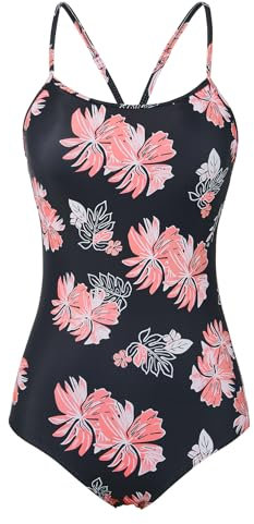 Durio Maillot de bain de sport une pièce pour femme - Maillot de bain push-up avec bonnets, Motif fleurs - Rose, 42