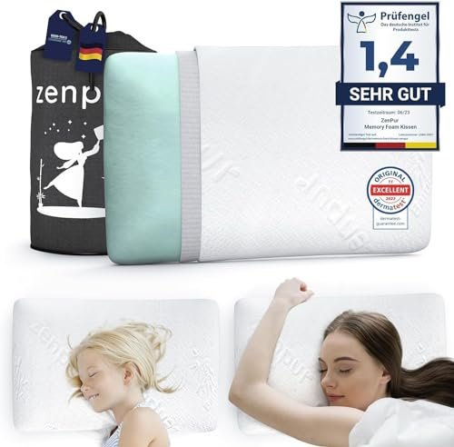 ZenPur Oreiller Ergonomique Cervical Orthopédique, Coussin Mémoire Forme, Lot de 2, Enfant, Douleurs pour la Nuque, Anti Acarien & Ronflement, Fabriqué EU – Plat, Ideal pour Dormeurs Dos & Ventre