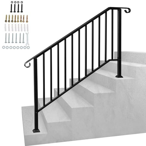 Outdoor Handrails for Stairs - Durable Wrought Iron Railings Handrails for Outdoor Steps, Black Hand Rails Stairs for Garden Exterior Staircases, Easy Install Safety Staircase Handrails (4 Steps)