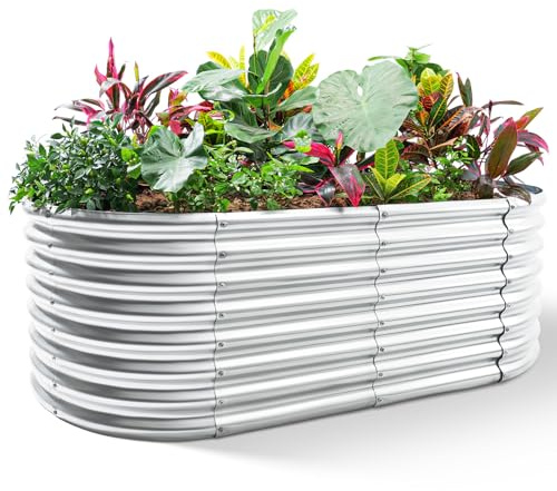 Land Guard Verzinktes Hochbeet, 61 cm hoch, verzinktes Pflanzgefäß, Gartenkästen für den Außenbereich, ovales großes Metall-Hochbeet für Gemüse (klassisches Silber, 10,2 x 6 x 60,6 cm)