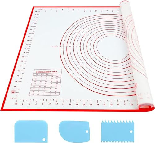 SAEIV Tappetino da forno in silicone, 70 x 50 cm, antiscivolo, antiaderente, con misurazione, tappetino da forno per fondente, pasticceria, pizza senza bpa (rosso + 3 raschietti)