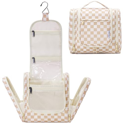 Narwey Trousse de Toilette Grande Sac de Toilette à Suspendre Trousse Maquillage Femme Organisateurs de Toilettes Trousse Toilette (Grille Marron Clair)