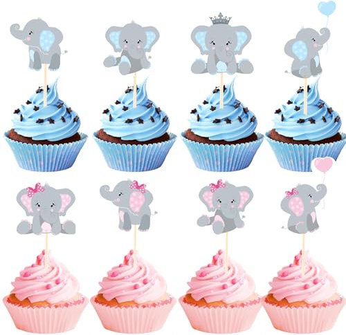 DazzJoy 48 Stück Elefant Tortendeko Babyparty Junge Mädchen,Cupcake Topper Baby,Elefant Cake Topper Taufe,Kuchendeko Baby Shower Blue Rosa,Gender Reveal Tortendeko,Muffin Deko Babyparty für Geburtstag