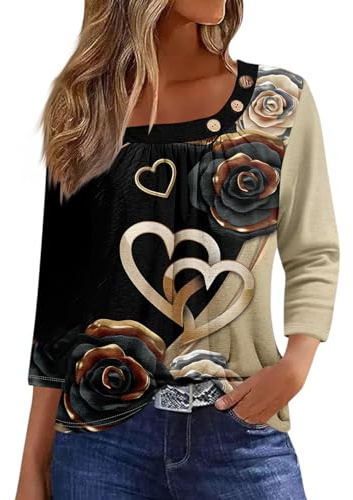 Blusen Damen 3/4 Arm Basic Shirt Rundhals Druck Herbstmode Oberteil | Festival Outfit Boho Plus 3/4 Ärmel T Shirt Leicht mit Gummizug Dünn Print Clubkleidung