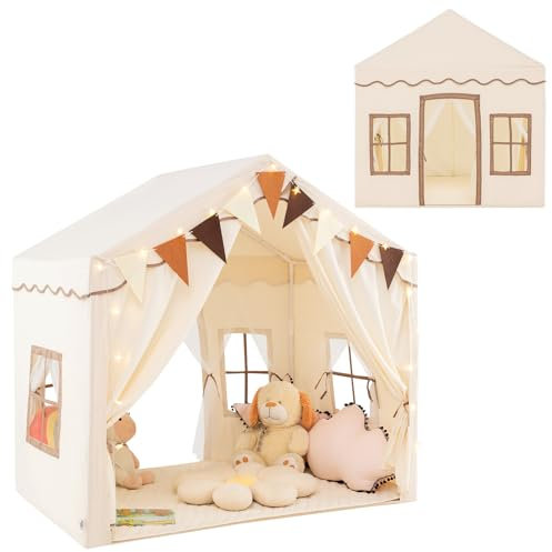 HOMASIS 2 in 1 Kinderzelt Indoor, Spielhaus mit Matte & Sternlichtern & 2 Eingängen, Spielzelt aus Baumwolle, Prinzessin Zelt für Mädchen & Jungen ab 3 Jahren, Kinderspielhaus für Kinderzimmer (Beige)