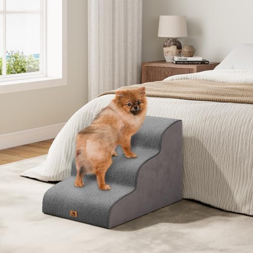 Dripex Curved Dog Stairs for Beds Couches, 3-Step Dog Steps with Durable Non-Slip Fabric Cover, Dog Slope Stairs for Small Dogs, Cats or Pets Friendly, Grey