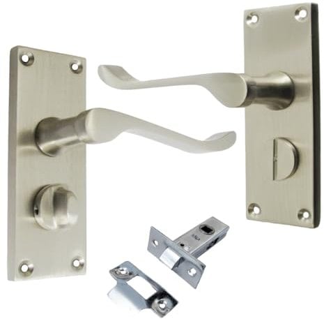 Victorian Scroll Satin Nickel Privacy Bathroom Door Handle Set – Satin Door Handles with Privacy Lock with Tubular Latch for Interior Doors