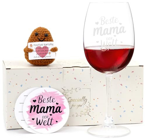ZIOSINM Muttertagsgeschenk für Mama, Muttertag Weinglas mit Gravur - Beste Mama Welt (460ml) in Geschenkbox, Geburtstagsgeschenk für Frauen