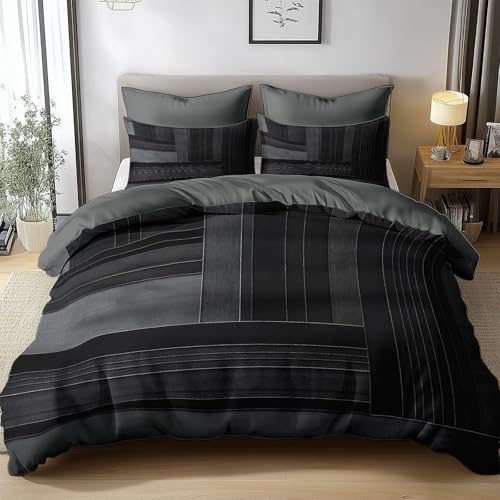 Bettwäsche 180x200cm Schwarze Und Graue Geometrische Streifen Polyester Baumwolle Bettbezug 3 Teilig, Atmungsaktiv Hautfreundlich Bettwäsche Set mit Reißverschluss and 2 Kissenbezüge