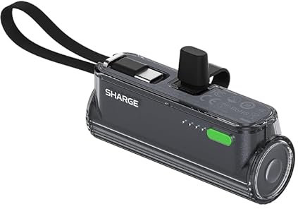 SHARGE Flow Mini 2 Power Bank 22.5w Max, piccola power bank da viaggio, batteria a ricarica rapida con connettore Lightning e USB-C, caricabatterie portatile con cavo integrato per iPhone 16/15/14
