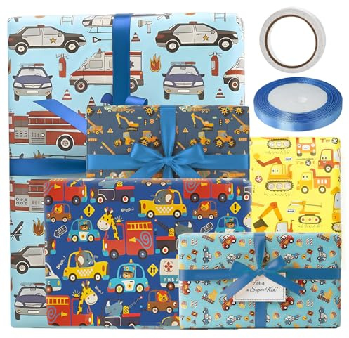 5er-Set Geschenkpapier Fahrzeuge & Baumaschinen 70x50 cm Kunstdruckpapier Geschenkverpackung mit Doppelseitigem Klebeband & Geschenkband Gift Wrapping Paper Motivpapier Dekorationspapier für Geschenke