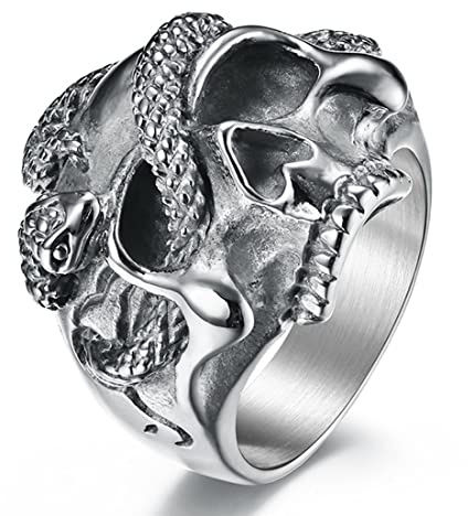 Hip-Hop-Schlangenschädelring für Herren, gotischer Schlangen-Skelett-Geist-Siegelring, cooler Biker-Halloween-Schmuck aus Titanstahl, Silber, Größe 9