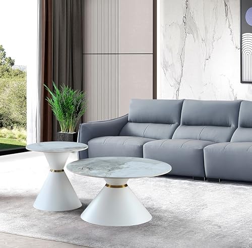 HOOZ Couchtisch 2er Set mit Keramikplatte und Metallgestell, Modernes Design, Erhältlich in Gold, Weiß und Schwarz (Weiß)