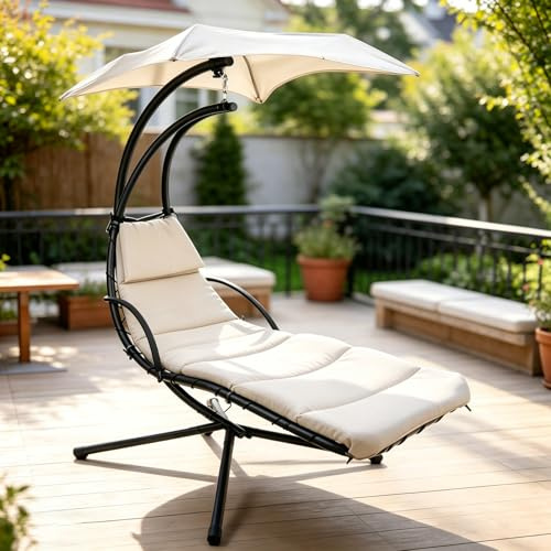 WoRaum Fauteuil Suspendu Exterieur Chaise Longue Suspendu Salon de Jardin et Transat pour Jardin Terrasse Balcon - 195 cm Hauteur, 73 cm Largeur, 120 kg Charge, Coussin 3 cm (Blanc cassé)